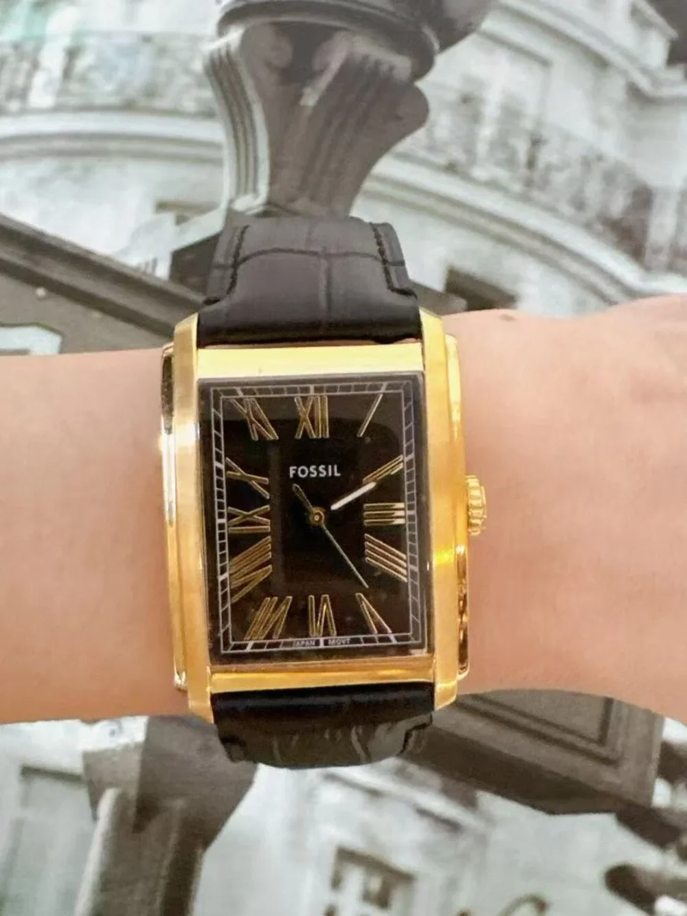 Fossil Carraway FS6091 Rectangular Gold Tone Leather Watch Black Dial